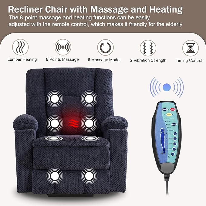 SALOHZA Power Lift Recliner Chair for Elderly with Massage and Heat for Living Room, Electric Recliner Chair for Adults with USB/Type C Port/Cup Holders, Velvet Fabric, Navy Blue