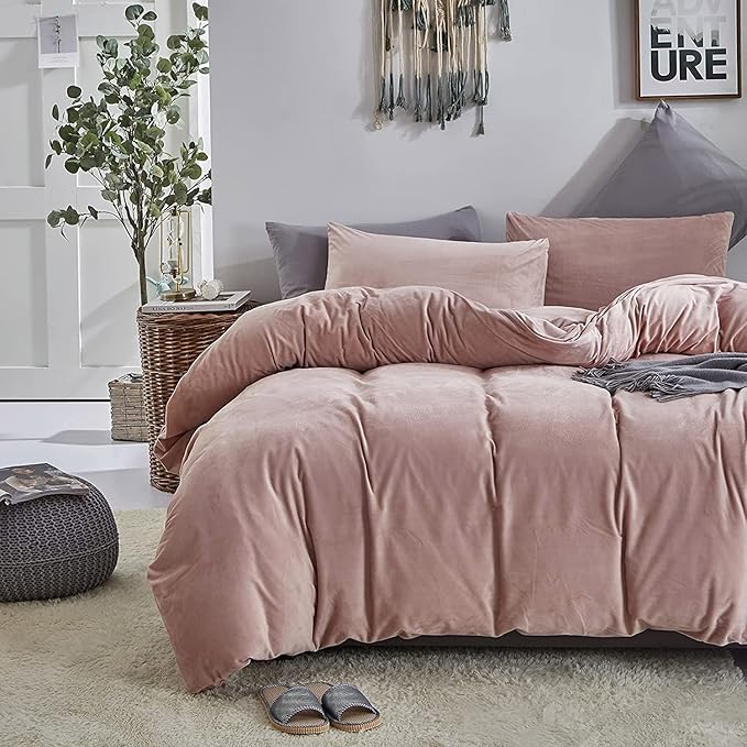 Luxlovery Pink Velvet Comforter Set Twin Lake Pink Flannel Plush Bedding Comforter Set Winter Thick Warm Solid Haze Pink Quilts Blanket Soft Heavyweight Comforter Set For Twin Bed