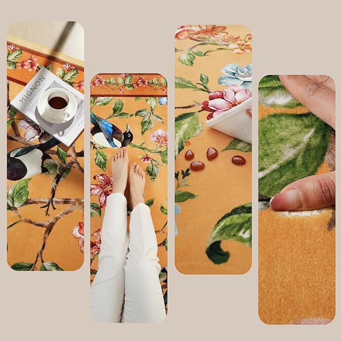 Runner Rug for Kitchen 2'6"x8' Washable Rugs with Rubber Backing Soft Floral Bird Magpies Floral Animal Carpet Runner for Kitchen, Laundry, Bedroom, Bathroom (Yellow)