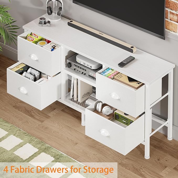 Furologee TV Stand Dresser with 4 Drawers, Entertainment Center with Open Shelf, Small Television Stands for 50" TV, Media Center for Bedroom, Living Room/White