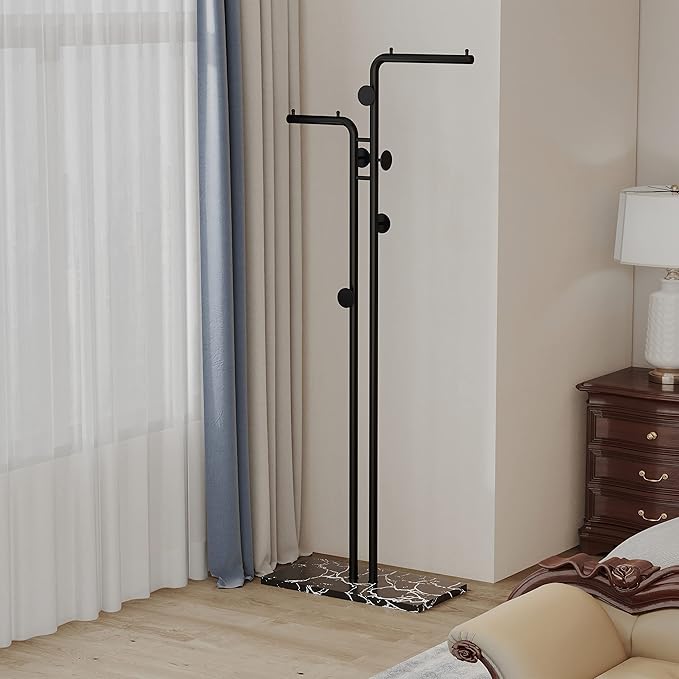 Double-pole Coat Rack Freestanding, Modern Metal Coat Racks Hanger Stand with 5 Hooks and Natural Marble Base, for Bedroom, Office, Hallway, Entryway, Living Room, Black