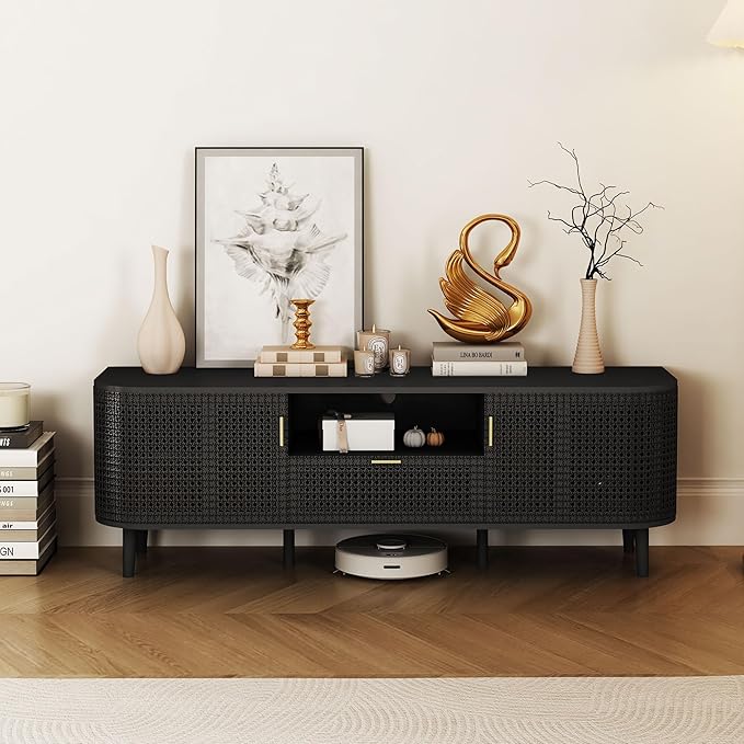 ORRD TV Stand for TVs Up to 65 Inch, Boho Wood Television Stands Media Entertainment Center Console Table with Curved Iron Rattan Doors and Drawer for Living Room - Black
