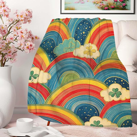 Rainbow Throw Blanket for Women Girls, St Patricks Day Clover Decor for Living Room and Bedroom, Fluffy Lightweight Fleece, Giftable, 50x60 Inches
