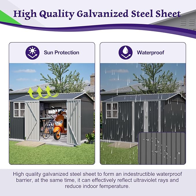 10 x 8 FT Outdoor Storage Shed with Floor, Metal Garden Tool Shed with Vents,Windows,Slooping Roof and Lockable Doors, All-Weather Bike Shed Easy to Assemble for Backyard, Patio, Lawn, Grey