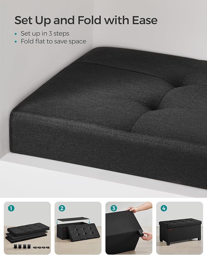 SONGMICS Storage Ottoman Bench, Foldable Foot Rest with Legs, 15 x 30 x 15.2 Inches, End of Bed Bench, Storage Chest, Load up to 660 lb, for Living Room, Bedroom, Entryway, Ink Black ULSF016B01