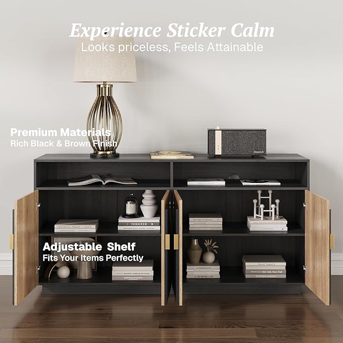 BELLEZE 65 Inch Fluted TV Stand, Mid Century Modern Entertainment Center with Storage Cabinets & Open Shelves, Media Console TV Cabinet with Adjustable Shelves for Living Room, Camel