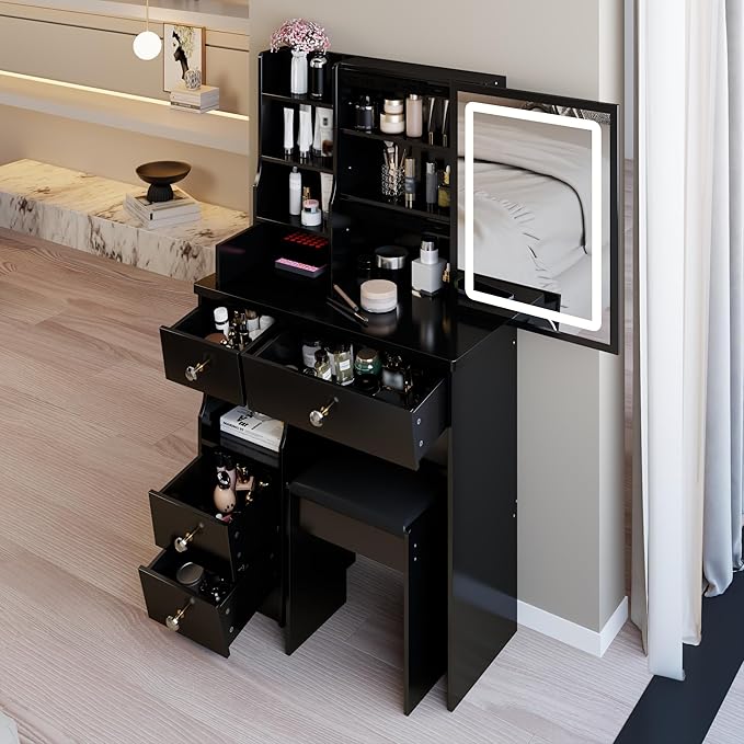 29.2" Small Vanity Desk with Mirror and Lights, Makeup Table with Led Lights and Sliding Mirror, 3 Lighting Colors, Vanity Set with 5 Drawers and Stool for Small Space Bedroom, Black