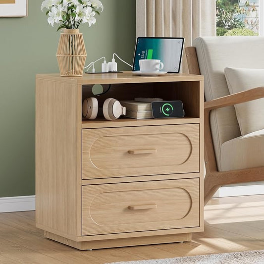 25.8" Tall Night Stand with Charging Station, 21.7" Wide Wood End Table with 2 Storage Drawers, Open Shelf & Unique Base, Mid Century Modern Bedside Table for Bedroom, Living Room, Natural Oak