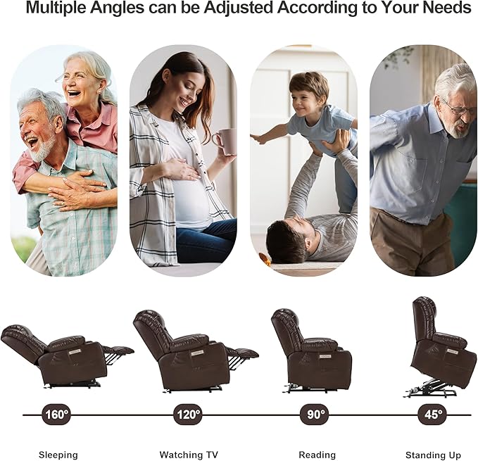 Power Lift Recliner Leather Chair Sofa with Massage & Heat, Lazy Boy Chair with Cup Holders, USB & Type-C Ports, Remote Control (Brown)