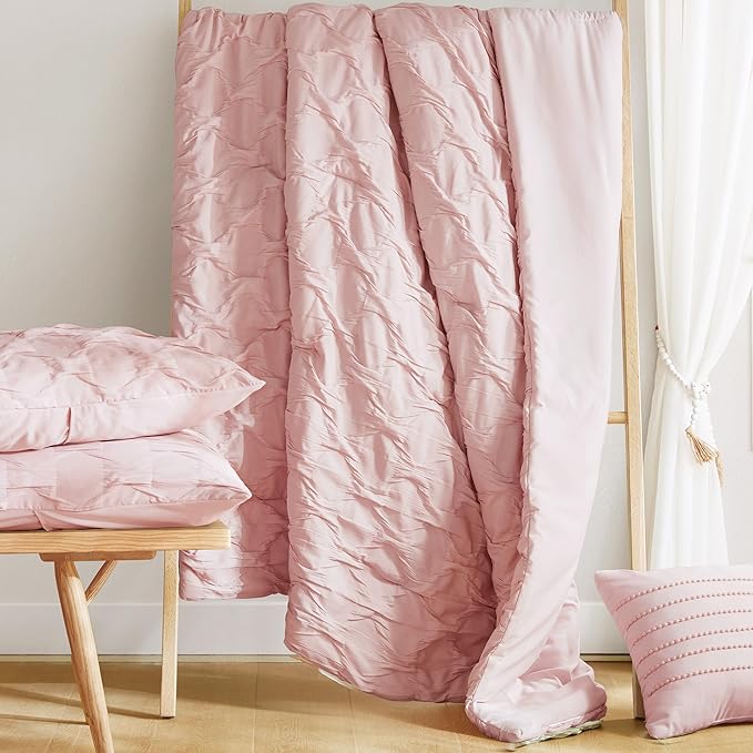 Comfort Spaces Comforter for King Size Bed, Ogee Ruched with Crinkle Texture, Breathable Comforter Set King, All Season Lightweight Bedding Set, Shams, Décor Pilow, King/Cal King Pink 4 Piece