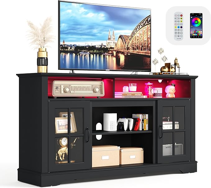 LINSY HOME TV Stand for 65 Inch TV, 32" Tall Entertainment Center with LED Lights and Glass Door Storage Cabinet, Modern Farmhouse TV Media Console Table for Living Room, Black