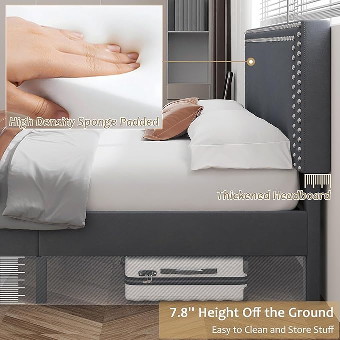VECELO Full Size Bed Frame with Adjustable Upholstered Headboard, Wooden Slats Platform, Noise-Free Design, Easy Assembly