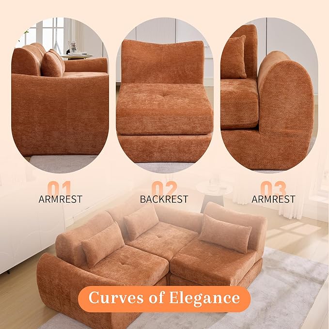 MAXMAXX 102" Modular Sectional Cloud Sofa,4-in-1 Folding Convertible Sofa Bed, Floor Boneless Couch, Modular Cushion Couch,Suitable for Living Room,Bedroom and Recreation Room (Orange)