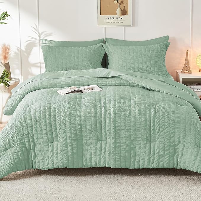 HYMOKEGE Sage Green King Size Comforter Set Seersucker 7 Pieces, All Season Luxury Bed in a Bag for Bedroom, Bedding Set with Comforters, Sheets, Pillowcases & Shams