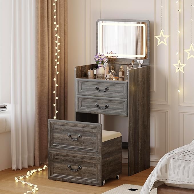 Farmhouse 3 in 1 Vanity with Flip Top Mirror, LED Small Makeup Desk with 2 Sockets USB, Compact Vanity with Glass Desktop, Storage and Cushioned Stool with Wheels,3 Drawers, for Bedroom