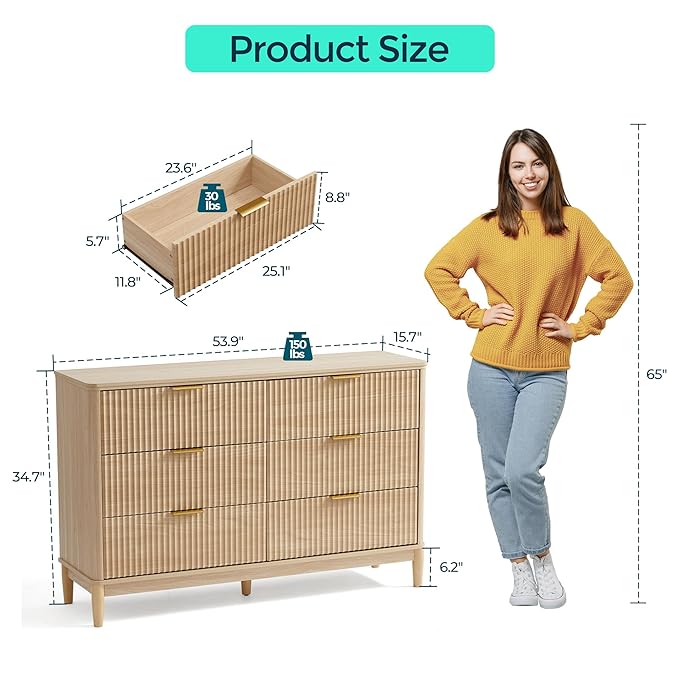LINSY 6 Drawer Double Dresser for Bedroom, Modern Fluted Wood Chest of Drawers with Gold Metal Handles, Wide Storage Dresser TV Stand for Bedroom, Living Room, Entryway, Oak