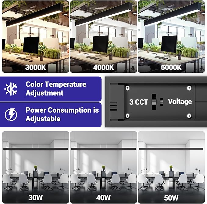 JTT 4FT LED Linear Light, 30W/40W/50W 3CCT 3000K/4000K/5000K CCT Selectable, 6250 LM Linkable Office Shop Light Fixture, ETL Listed Dimmable Architectural LED Suspension Office Lighting Fixture