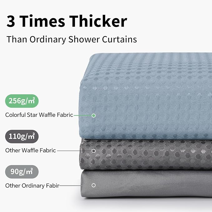 Colorful Star Small Stall Waffle Weave Shower Curtains, 256GSM Heavy Duty Shower Curtain with Snap in Fabric Liner, Hotel Style No Hook Waterproof Bathroom Curtain Set, 36 x 75 Inch, Fog Blue