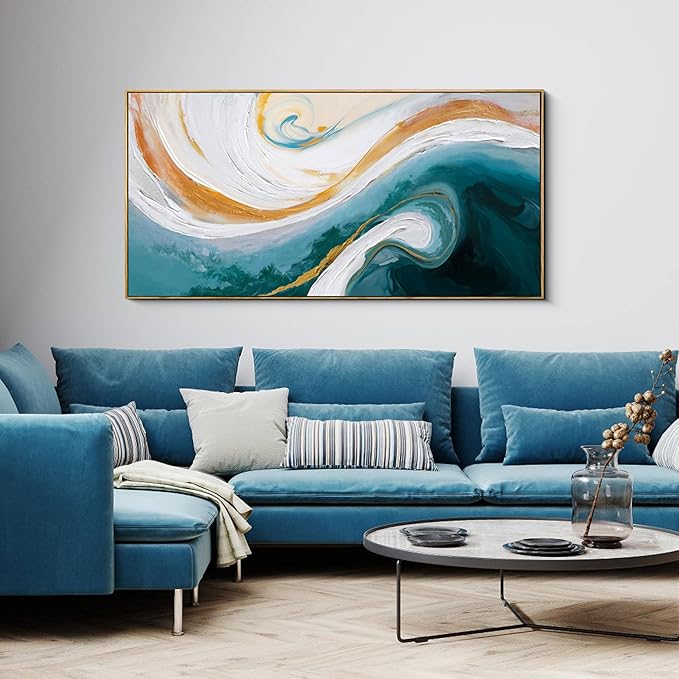 XLSJERST Abstract Canvas Wall Art for Living Room - Large Frame Blue and White Wall Decor Picture Modern Orange Painting Artwork for Bedroom Home Office Decoration Size 48x24 Inches