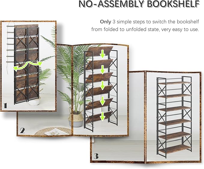 4NM 6 Tiers No Assembly Book Shelves, 61.8" H Folding Bookshelf Bookcase Open Industrial Foldable Shelves for Bedroom, Living Room, Home Office - Rustic Brown Black