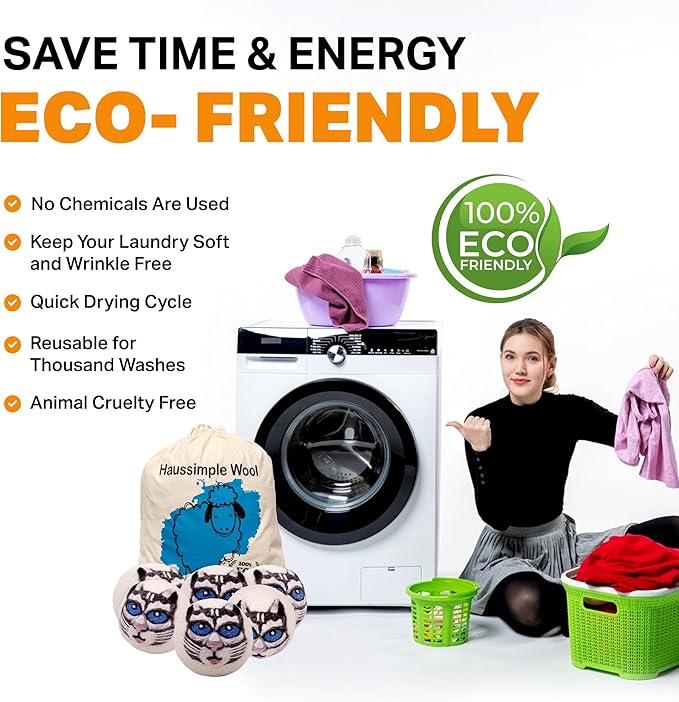 Wool Dryer Balls Organic Felt 6 Pack Laundry Fabric Softener, Extra Large Reusable Handmade Natural Sheep Wool Lint Wrinkle Free Anti Static Baby Safe (Gray Cat)