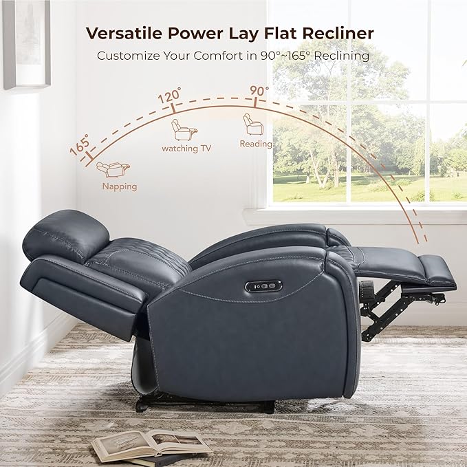 CHITA Genuine Leather Recliner Chair for Adults with Adjustable Power Headrest, Lay Flat Power Recliner with Slide-Out Cupholders & USB/Type-C Ports, Living Room Chair, Navy Blue