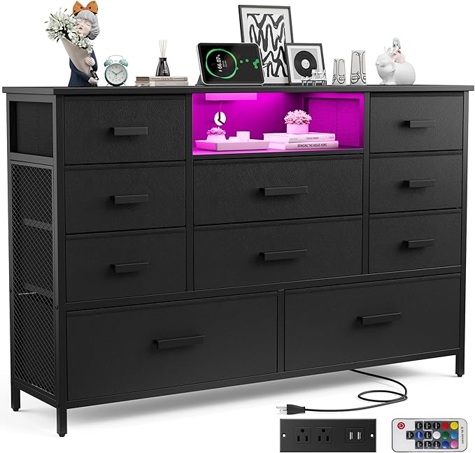 Dresser with Charging Station, Black Dresser for Bedroom with 10 Drawers, TV Stand Storage with LED Light for 55" TV, Fabric with PU Finish, Morden Chest of Drawers for Bedroom, Closet