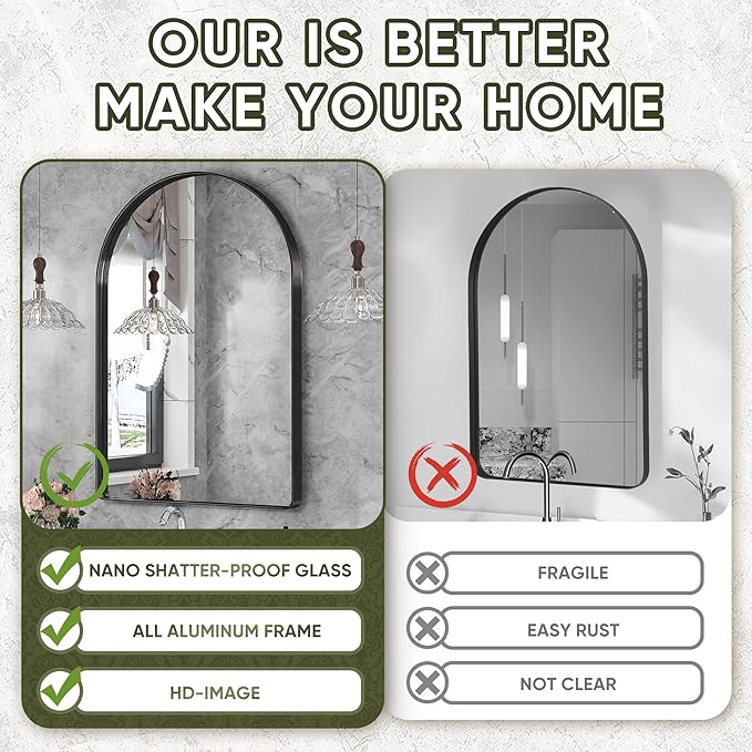 Suidia 22" x 30" Bathroom Mirror, Bathroom Vanity Mirror Metal Framed, Wall-Mounted Mirrors for Bedroom, Living Room, Entryway, Hallway, Black, Arch Style