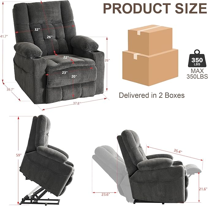 SALOHZA Power Lift Recliner Chair for Elderly with Massage and Heat for Living Room, Electric Recliner Chair for Adults with USB/Type C Port/Cup Holders, Velvet Fabric, Dark Gray