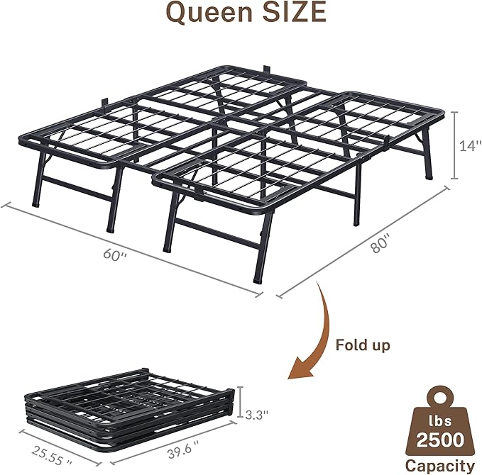 14 Inch Queen Metal Bed Frame Folding Bed Frame Tool-Free Assembly Mattress Foundation No Box Spring Needed Platform 2500lbs Heavy Duty Steel Slats, Noise-Free, Easy Assembly, Black