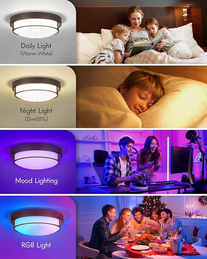 12-Inch RGB Flush Mount Ceiling Light with an Oil-Rubbed Bronze Finish, Ideal for Bathrooms, Bedrooms, Kitchens, and Hallways. Model:CKCL4822-2W-ORB-R