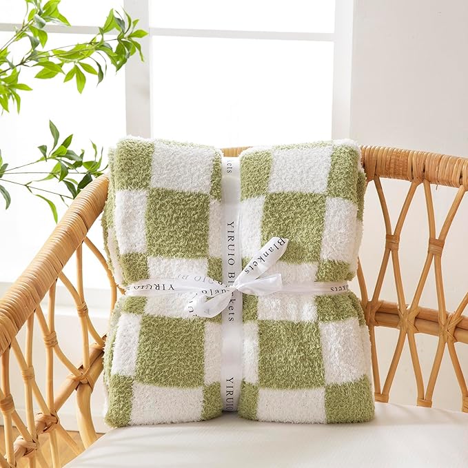 YIRUIO Throw Blanket Checkered Chessboard Fluffy Fuzzy Warmer Comfort Reversible Super Soft Cozy for Home Decor Bed Couch Sofa Living Room (Sage Green, 80''x90'')