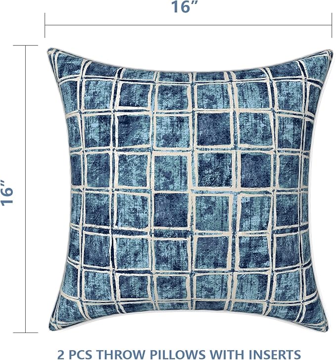 LVTXIII Outdoor Throw Pillows Set of 2, Patio Waterproof Pillows Fade Resistant Accent Pillows for Home and Garden Furniture Decoration, 16x16 Inch, Denim Blue Checkered
