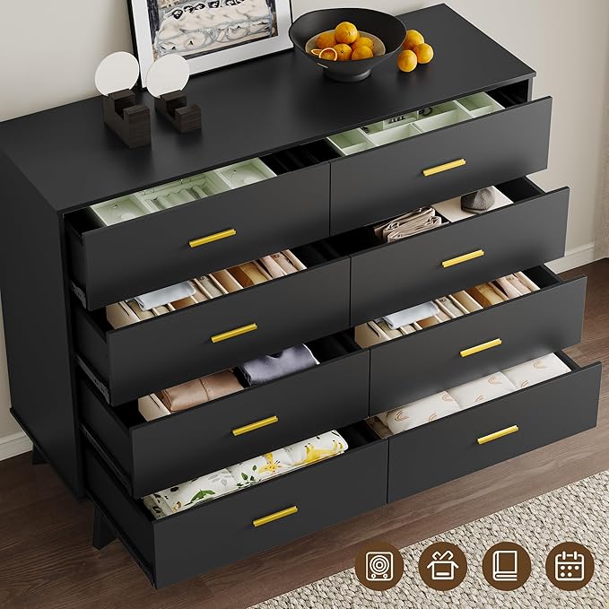 Dresser for Bedroom with 8-Drawer, 37" Tall Modern Chest of Drawers with Metal Handles, X-Shape Base & Adjustable Center Leg, Anti-Tip Closet Organizers and Storage