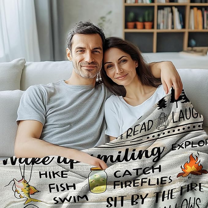 Camping Gifts for Women Men, Camp Blanket Gifts for Camper Lovers, Happy Campers Decor Outdoor Travel Hiking 50" x 60", Camping Rules Throw Blanket for Fathers Day