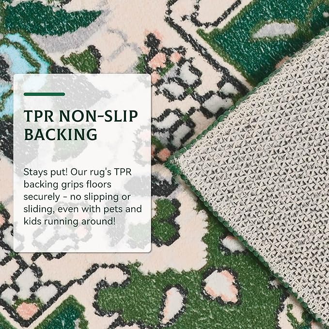 Vintage Area Rug 5x8 Rugs, Machine Washable Vintage Area Rug Non-Slip Low Pile Large Rug for Living Room, Bedroom, Farmhouse, Dining Room, Green