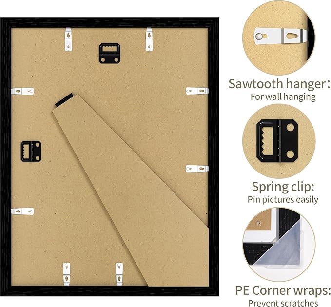 Solid Oak Wood Frame - 11x14 Black Wooden Picture Frames with Real Tempered Glass,5 Opening 4x6 with Mat or 11x14 Without Mat for Wall Decor Art Photo(Color Black)