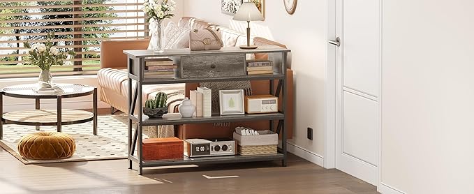 Mexin 39 Inch Console Sofa Table with Drawer, Entryway Table with Storage Shelves, Industrial Wood Hallway Table for Living Room, Couch, Foyer, Kitchen Counter, Grey Oak