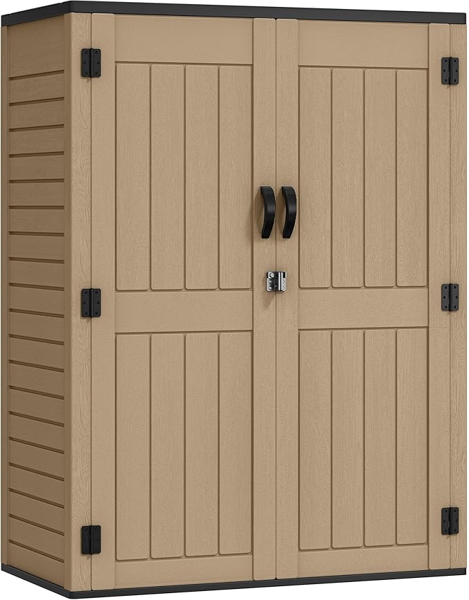 YITAHOME 59 Cuft Outdoor Tall Storage Shed, Waterproof Vertical Resin Shed for Garden, Garage, Patio, Lockable Tool Storage, No Shelves Included, Brown
