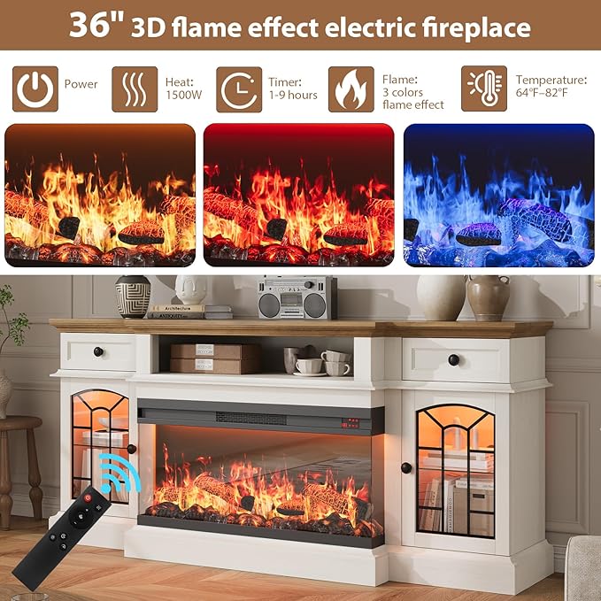 QUW 70" Farmhouse Fireplace TV Stand for TVs up to 80", Entertainment Center with 36" 3-Side Glass Electric Fireplace with Open Shelf and Cabinet, TV Console for Living Room, Antique White