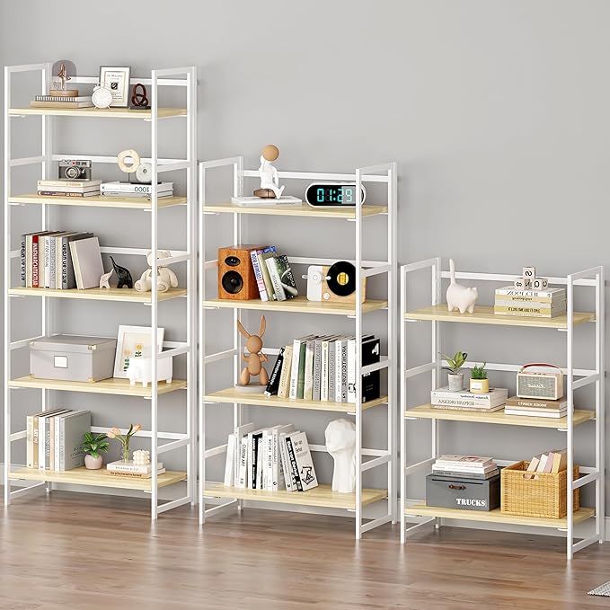 BHG Vintage Multifunctional Folding Bookshelf, No-Assembly Plant Stand Storage Rack Shelves for Home Office (White, 5-Tier)