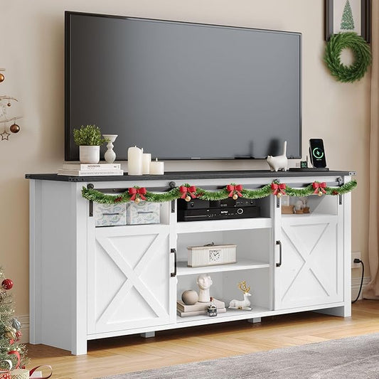YITAHOME TV Stand for 75 Inch TV with Power Outlets, Farmhouse Entertainment Center with Sliding Barn Doors & Adjustable Shelves, TV Media Console Storage Cabinet for Living Room, Bedroom, White/Black