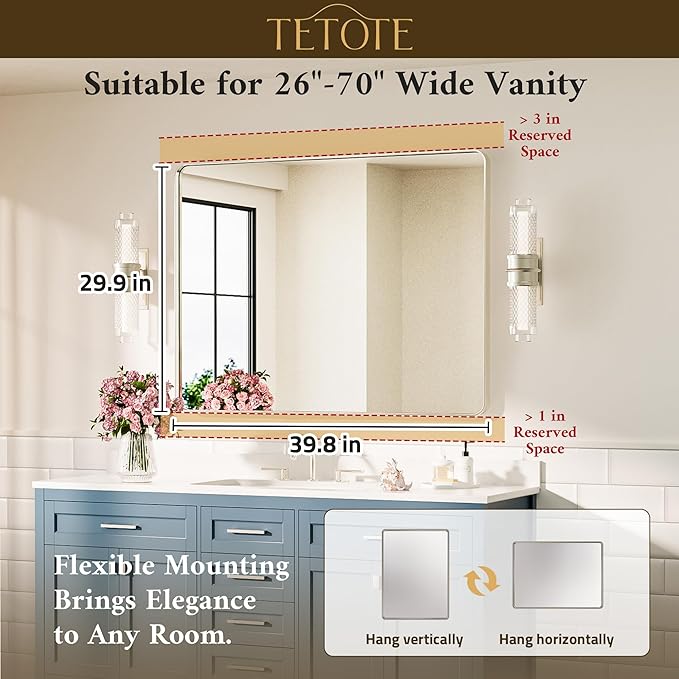 TETOTE Brushed Nickel Bathroom Mirror 40 x 30 Inch Brushed Nickel Metal Framed Bathroom Mirror, Tempered Glass, Modern Farmhouse Wall Mounted Mirror for Decorative(Horizontal/Vertical)