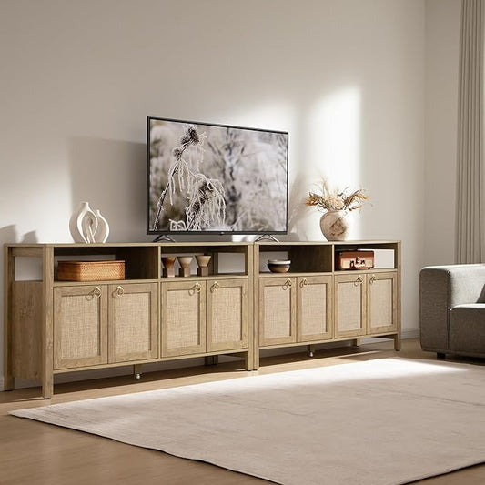SICOTAS Rattan TV Stand for Television up to 120 Inch - Large Entertainment Center with Storage and Open Shelves, Boho Media TV Console Cabinet with Doors and Adjustable Shelf for Living Room