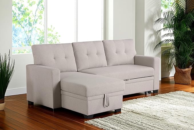 82 Inch Convertible Sleeper Sectional Sofa with Storage Chaise and Pull-Out Bed, Linen Upholstered Reversible Corner Couch, Modular L Shaped Couches for Living Room, Home Furniture, Beige