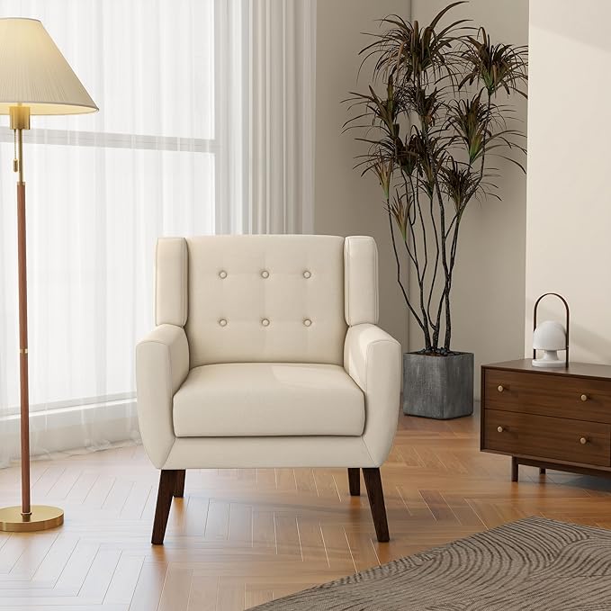 Accent Chair, Mid-Century Modern Fabric Chairs with Arms for Living Room, Comfy Upholstered Club Single Sofa Armchair for Bedroom Waiting Room with Solid Wood Frame (Fabric White, Set of 1)