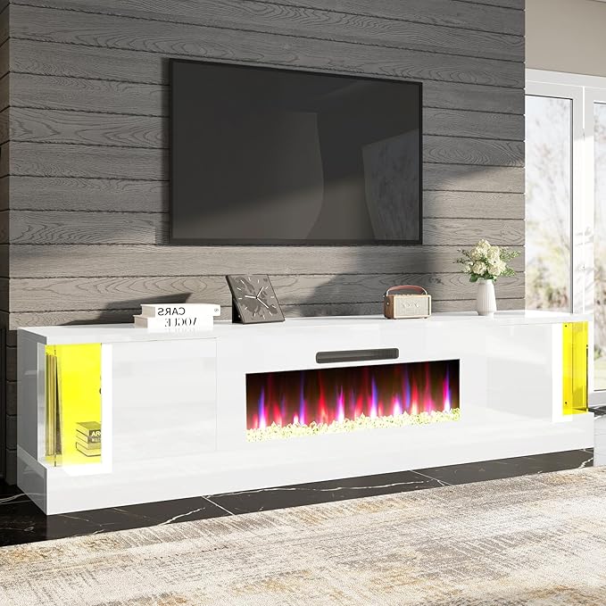AMERLIFE High Gloss Fireplace TV Stand with 40" Fireplace, 80" LED Lights Entertainment Center with Flip Doors & Corner Glass Decor, Modern TV Console Table for TVs up to 90", Living Room, White&White