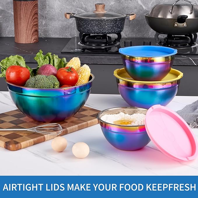 Rainbow Mixing Bowls With Airtight Lids,Stainless Steel Bowl,Salad Bowls 4 Piece Colorful Nesting Bowl Rainbow Kitchen Accessories,Size 5.5,3.6,2.1,1.5 QT Stackable Design