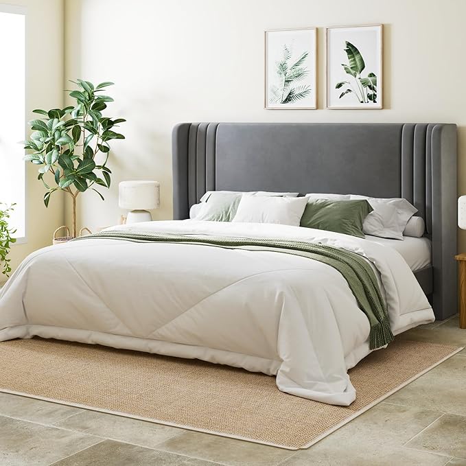 Allewie King Size Velvet Platform Bed Frame with Vertical Tufted Wingback Headboard, Easy Assembly, Under Bed Storage, No Box Spring Required, Modern Style, Grey