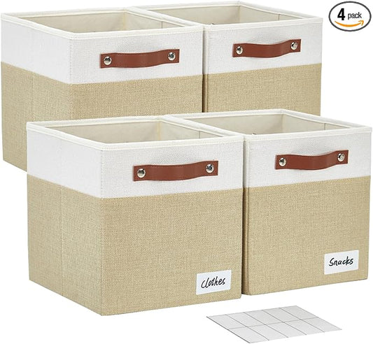 Collapsible Fabric Storage Cube Bins with 2 Reinforced PU Handles, Foldable Storage Organizer Baskets for Closet, Shelves, Living Room | 13"x13"x13", 4 Pack, Beige & White